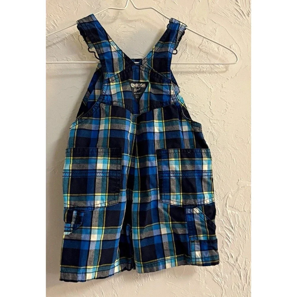 OshKosh B'gosh Boys Blue Plaid Cotton Woven Sleeveless Button Overalls 9-12M